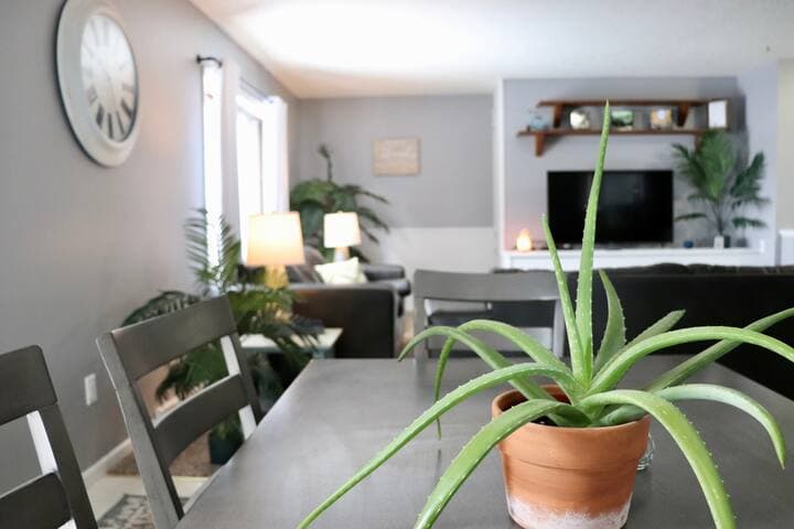 View from the dining table toward the living room and TV